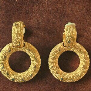 Vintage Shiny Gold Tone Moon & Stars Door Knocker Clip On Earrings 2.25 Inches